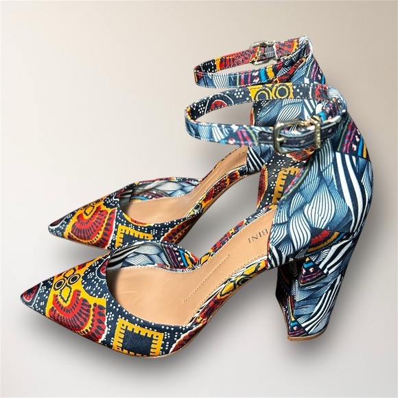 Gianni Bini Bronlynn 9M African Print Block Heel Ankle Strap Pumps Festival - Picture 2 of 9